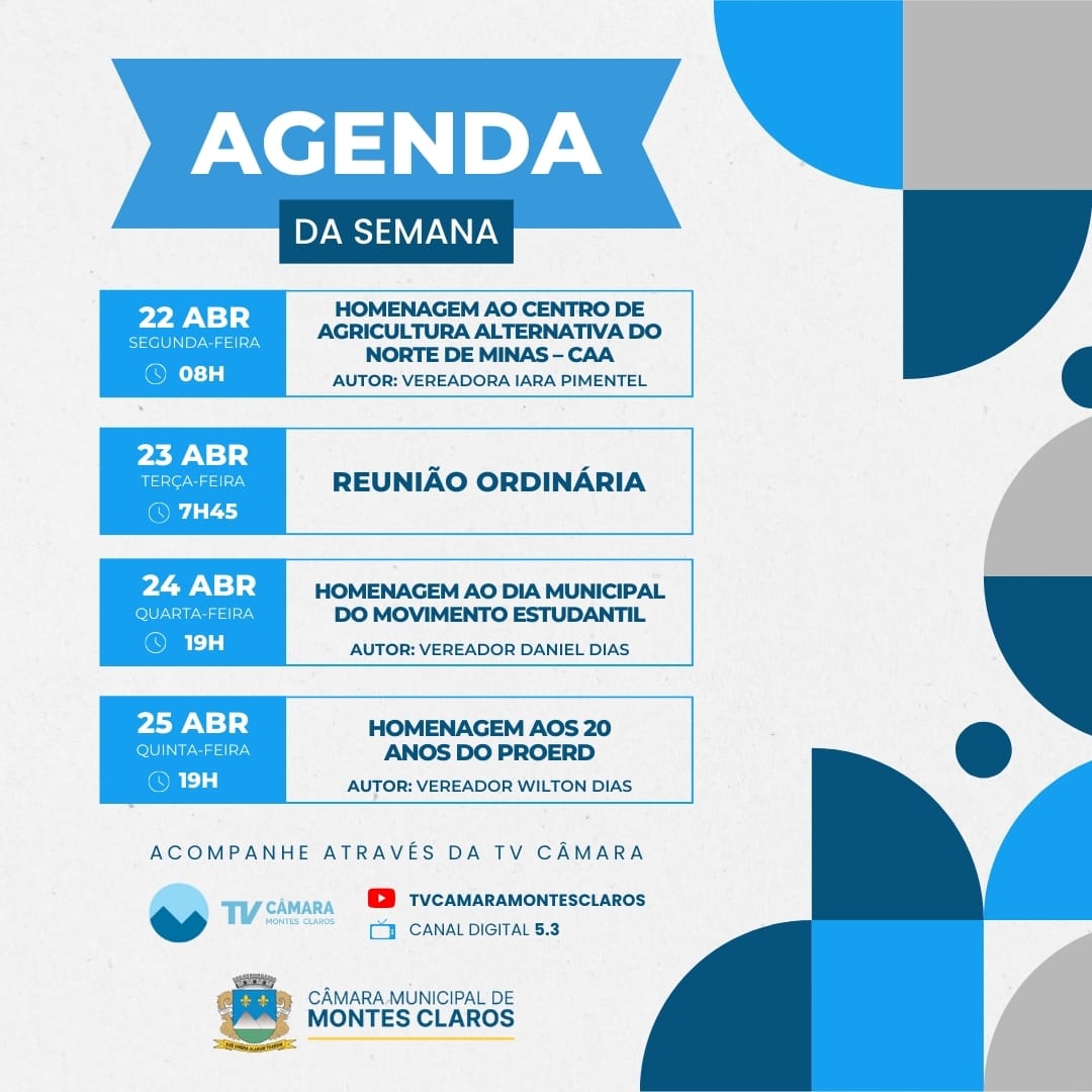 Agenda da Câmara da próxima semana