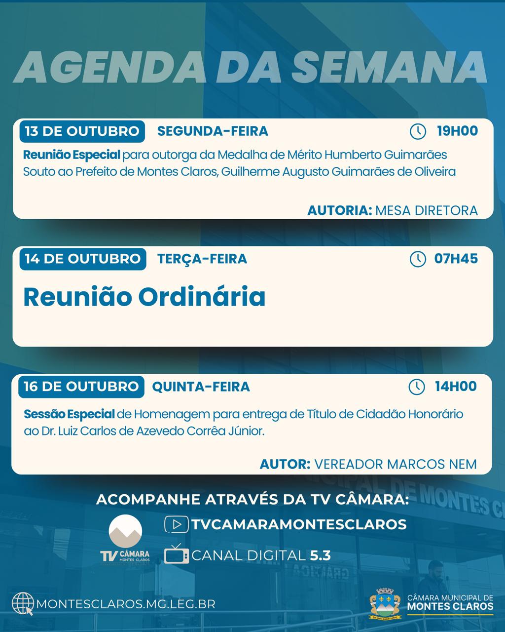 Agenda com entrega da Medalha Humberto Souto ao prefeito e Título de Cidadão Honorário ao presidente do TJMG 