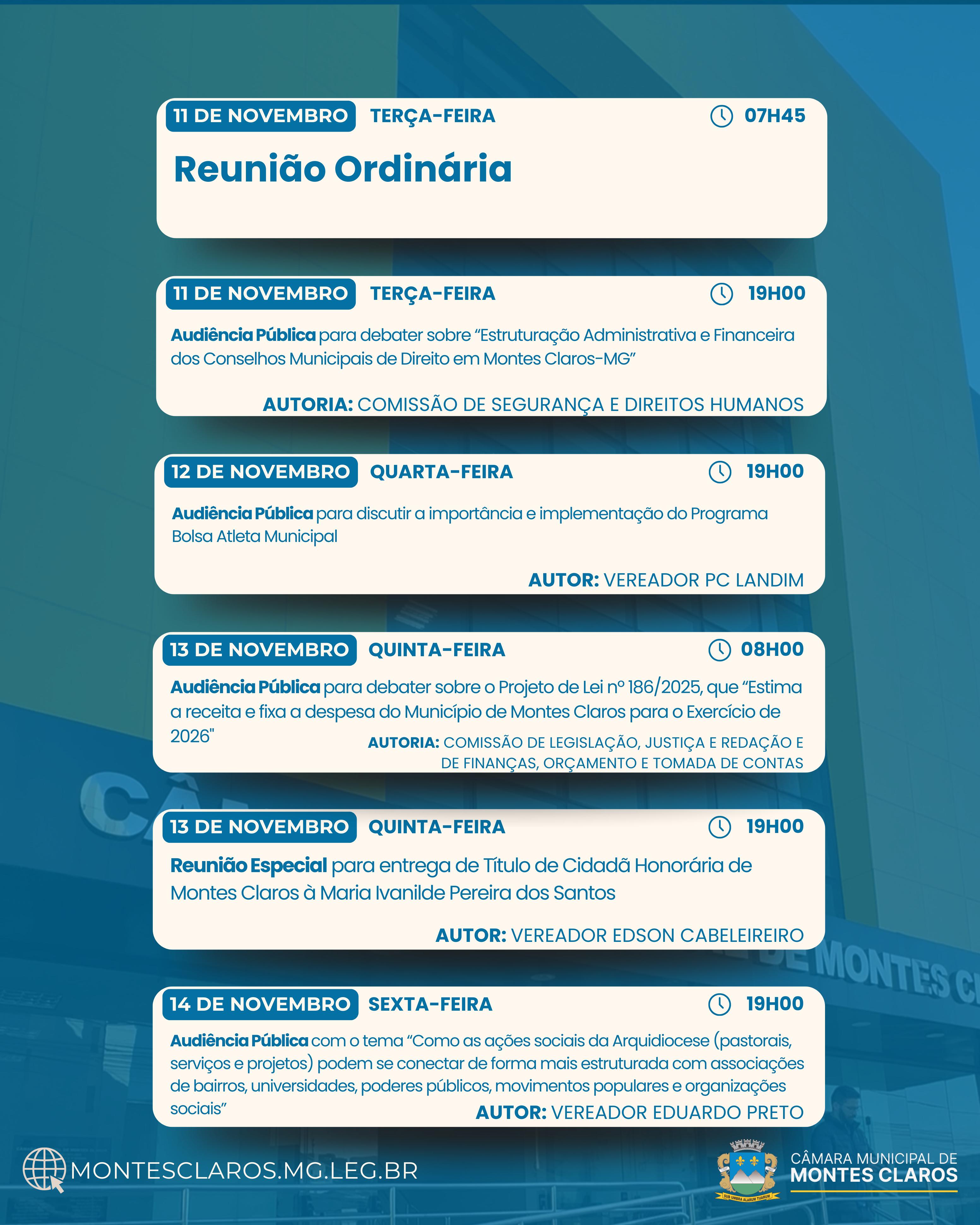 Agenda da Câmara com quatro audiências públicas e sessão especial 