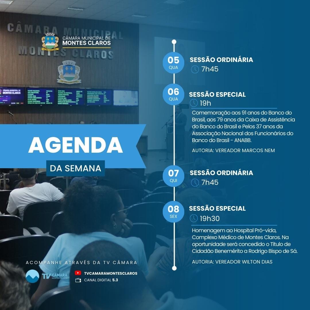 Agenda da Câmara Municipal de Montes Claros da próxima semana