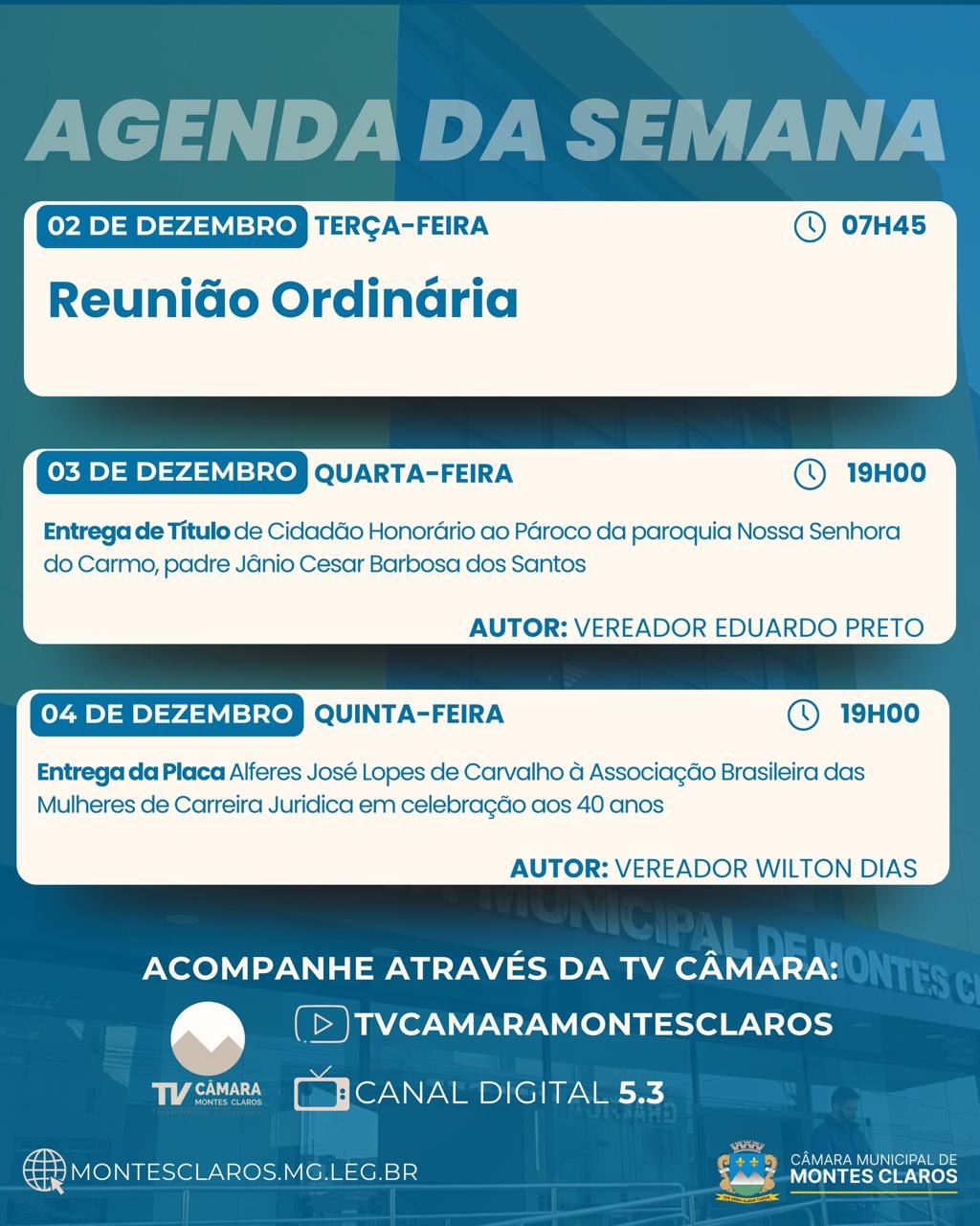 Agenda da semana com sessões especiais