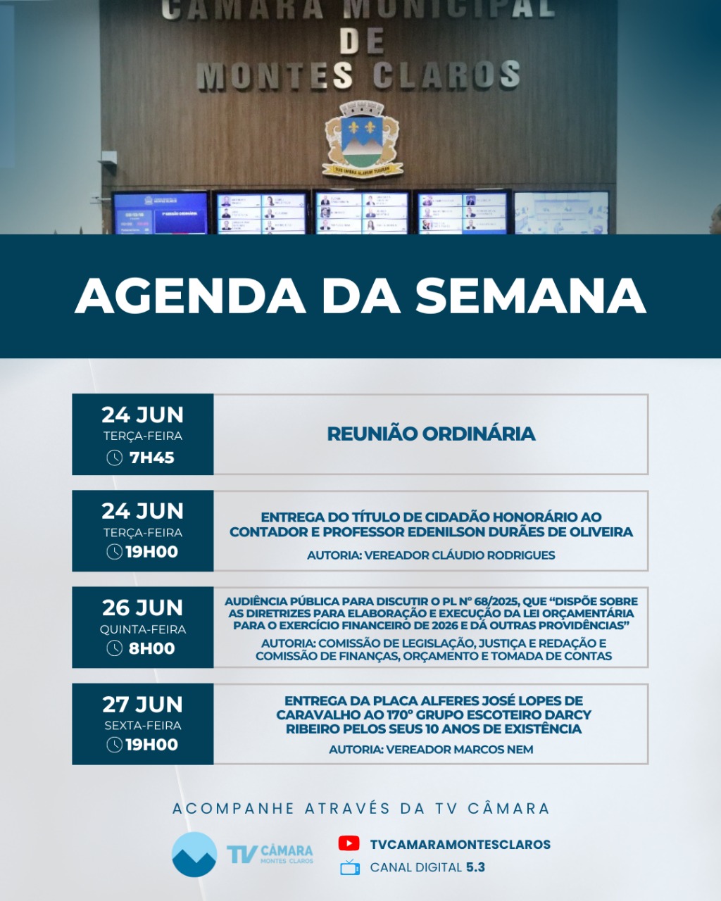 Câmara realiza agenda com sessões especiais e audiência pública 
