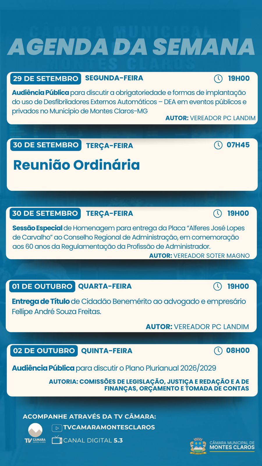 Câmara terá agenda intensa com sessões especiais e audiências públicas 